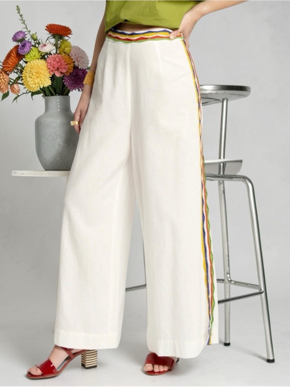 Frances Valentine Charo Palazzo Wide Leg Pants Womens 4 White Rainbow Stripe